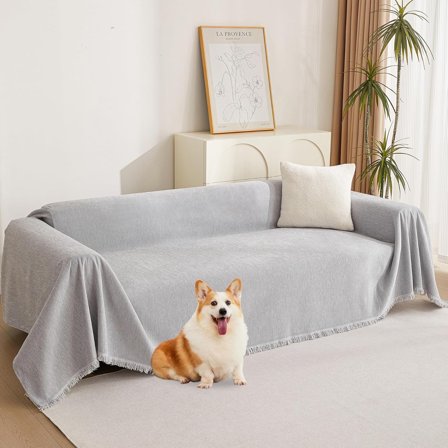 Light Grey 91x134 MYSKY HOME Light Gery Chenille Sofa Cover for Dogs Cats Tassel Edge Couch Cover Furniture Protectors for Pets Universal Couch Cover Thick Durable Sectional Couch Covers for 3 Cushion Couch, 91x 134